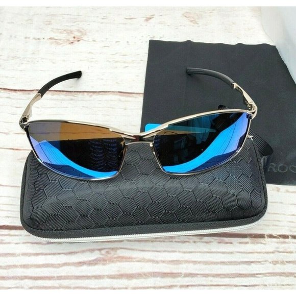 Blue Tinted Polarized Lens Gold Tone Booroot Stylish Sunglasses With Case - Picture 1 of 13